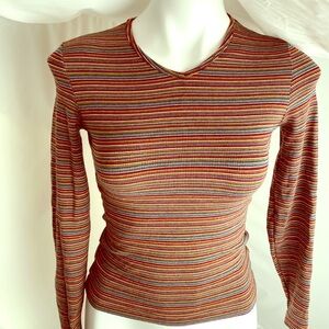 Express 90s multicolor striped long sleeve v-neck stretch top